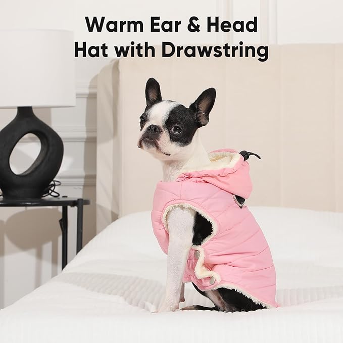 Vecomfy Fleece Lining Dog Hoodie with Harness Built in,Extra Warm Large Dog Jacket in Winter Doggie Coats with Drawstring Hooded,Light Pink XXXL