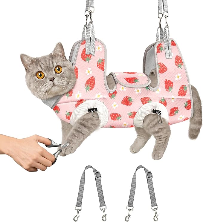 Supet Cat Grooming Hammock Harness for Nail Trimming, Cat Grooming Hanging Sling for Nail Clipping, Pet Restraint Holder for Cutting Nails, Medicine, Ear & Teeth Cleaning, Eye Care (Strawberry M-2)