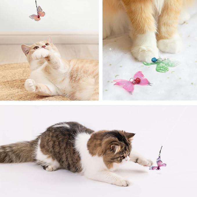 SONGWAY Cat Butterfly Toys - 13 Pieces Cat Toy Set with Retractable Wand and Butterfly Toy Replacement with Bell, Interactive Toys for Indoor Cats Kittens