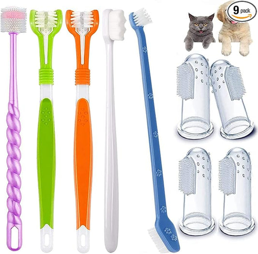 9-Pack Dog Toothbrush Kit, Triple Head & Double Head Dog Toothbrush, 360 Finger SiliconeToothbrush, Multi-Angle Dental Cleaning Brushes for Cat Oral Health