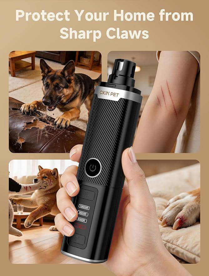 Dog Nail Grinder, Quiet Electric Dog Nail Trimmer with 2 LED Lights, 3-Speed Pet Nail Grinder for Dogs & Cats, Rechargeable 2000mAh Nail Grinder for Small Medium Large Dogs with Light, Black
