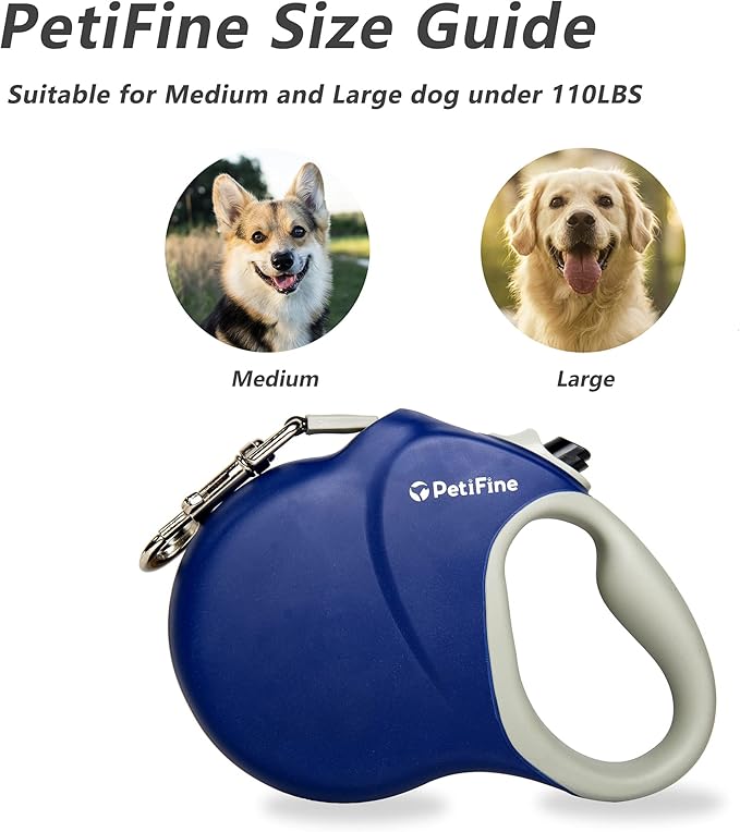 PetiFine 26ft/8m Heavy Duty Retractable Dog Leash for Large Dogs,Strong Extendable Dog Leash Up to 110 lbs, Reflective Nylon Tape Tangle Free (Blue)