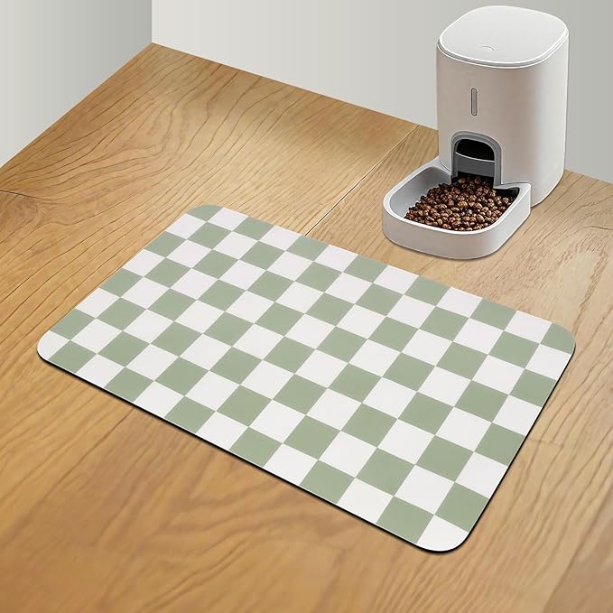 CooRug Checkered Dog Food Mat, Absorbent Leak-Proof Pet Feeding Mat, Quick Dry Cat Food Mat for Messy Drinkers 12" x 20" Green