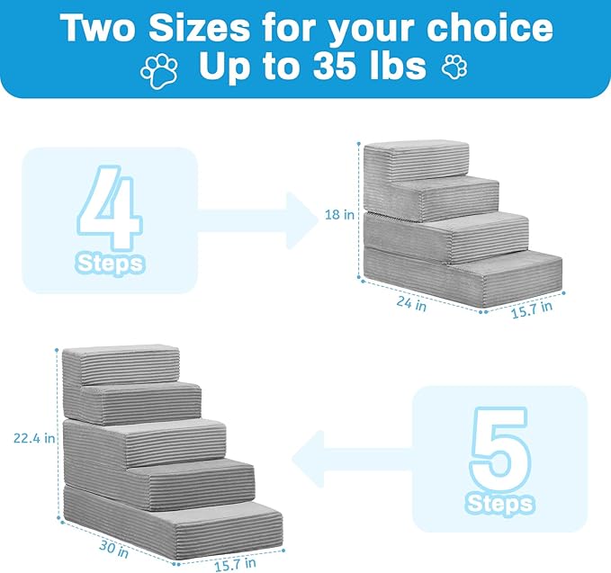 Dog Stairs for Small Dogs, 22" H Dog Steps for High Bed, 5 Steps 3 in 1 Foldable Pet Ramp for Large Cats Climb, Transformable Large Cats Ramp to Get on Couch, Non-Slip Balanced, Light Grey