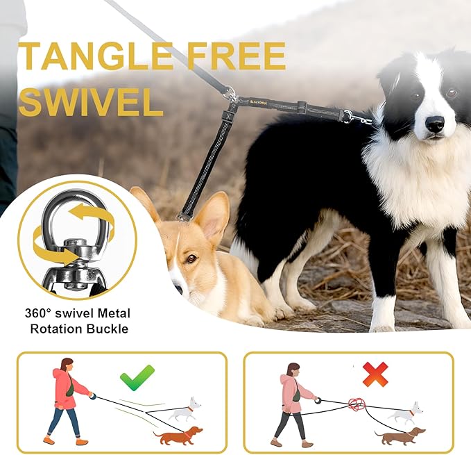 MingXpet Double Dog Leash for Two Dogs, No Pull Dog Leash, 360° Swivel No Tangle for Large Dogs Walking & Training, Shock Absorbing Reflective Bungee, Black