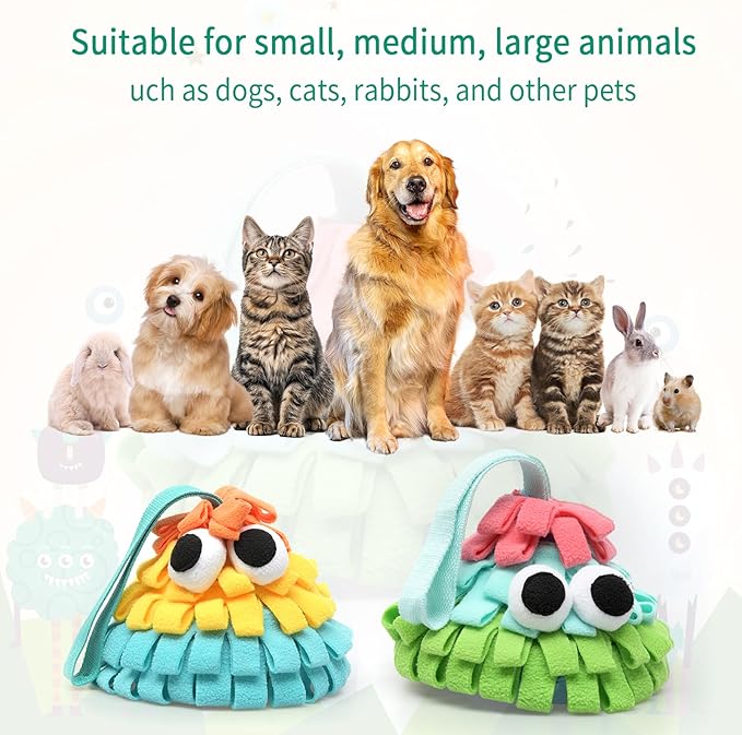 Squeaky Dog Snuffle Toy, Interactive Hide and Seek Food Puzzle for Boredom Relief, Slow Eating & Mental Enrichment, Monster Snuffle Ball for Small Dogs(Pink-Blue-Green)