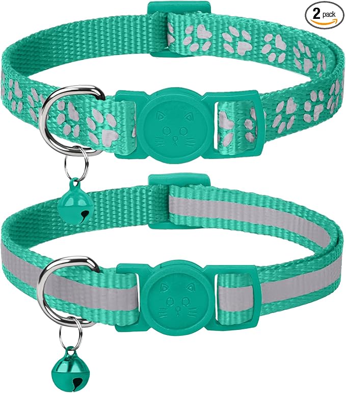 Taglory Kitten Collar Breakaway with Bell, Reflective Soft Cat Collar for Small Kittens, Adjustable 6-8 Inch High Visibility Night Strip, Lightweight for 2-6 Months Baby Cats, 2 Pack, Turquoise