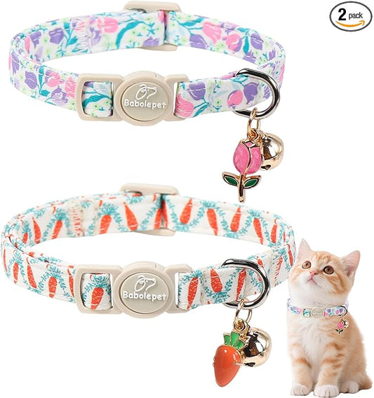 2 Pack Cute Cat Collars - Playful Carrot & Floral Printe Soft Breakaway Cat Collar with Bell & Matching Pendant, Adjustable Spring Summer Kitten Collars for Boy Girl Cats