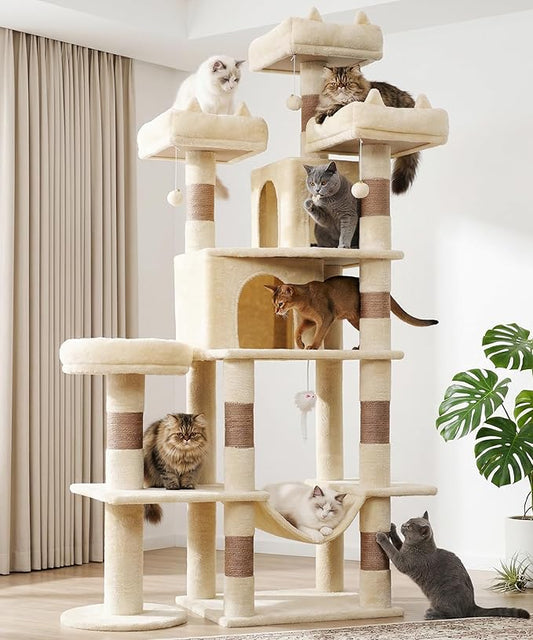 Heavy Duty Cat Tree for Indoor Cat, 71 Inch Large Cat Tower with Scratching Post and Top Perch, Hammock, Big Cat Condo for Adult Cats Kittens, PMT03BW, Beige
