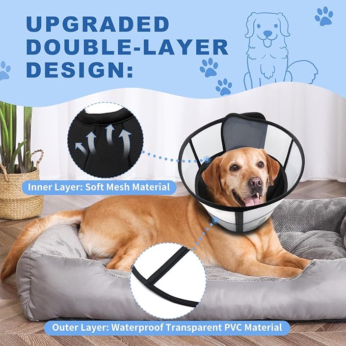 WinWeal Soft Dog Cone for Large Medium Dogs After Surgery – Adjustable Transparent Recovery Collar, Breathable Elizabethan E-Collar for Wound Healing & Anti-Licking (XS, Black)