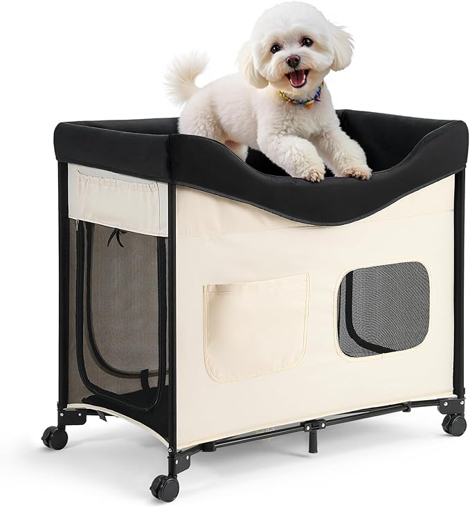 VEVOR Bedside Lounge Pet Bed, Foldable Bunk Dog Bed with 600D Oxford Cloth and Dutch Velvet, Portable Raised Cot with Wheels, Side Storage Bags, and Carry Bag for Cats & Dogs, L, Beige