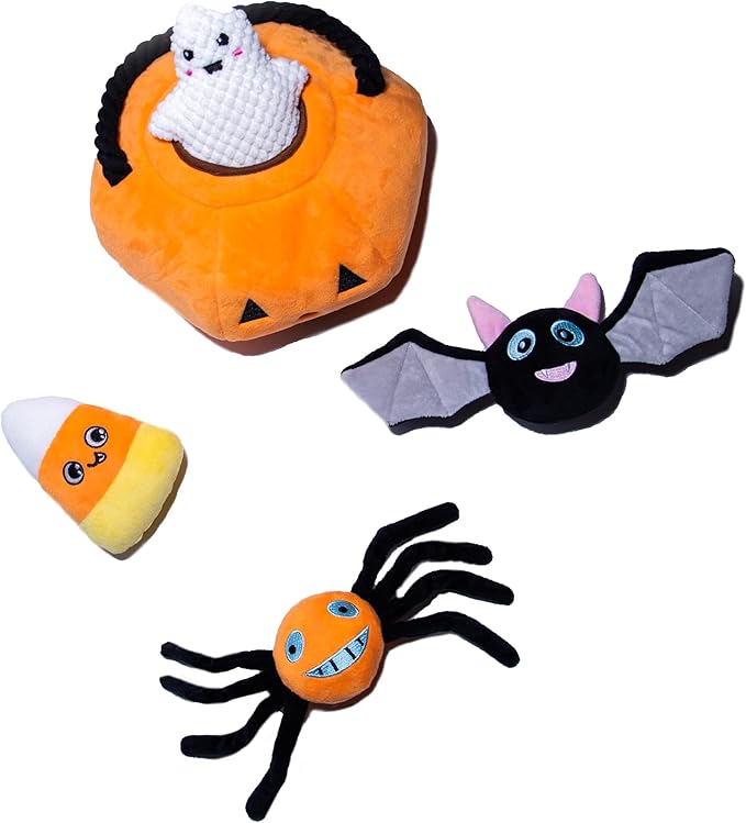 Glow Pups Halloween Hide and Seek Dog Toys, Crinkle Jack O Lantern with 4 Plush Squeak Toys, Durable Rope Handle, Interactive, Orange Halloween Pumpkin