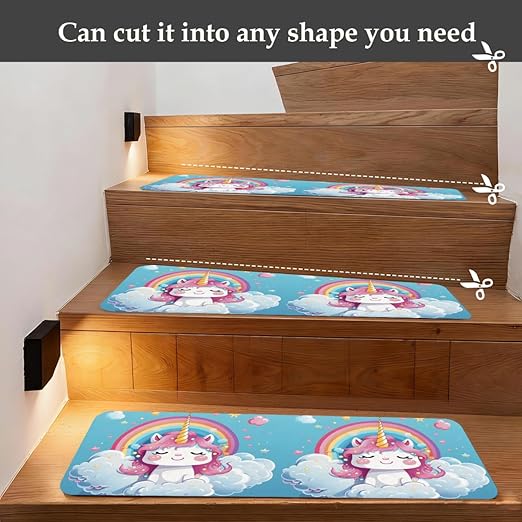 Animal Cartoon Unicorn Cute Stair Treads for Wooden Steps Indoor Washable Staircase Carpet 1PCS 30"x7.8" Stair Step Treads Non-Slip Staircase Covers Peel and Stick Safety Mat for Kids Elders Pets