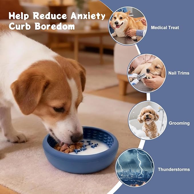 Slow Feeder Dog Lick Bowl, Freeze Silicone Feeding Dogs Licking Bowls for Anxiety Relief, Non-Slip Enrichment Puzzle Pet Treat Dispenser for Distraction, Lick Mat Pads for All Dogs Cats (Blue, Large)
