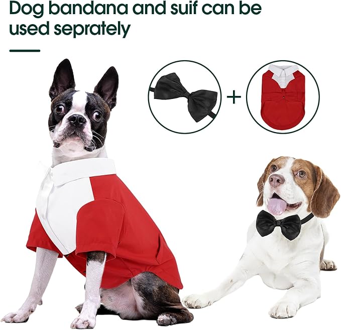 Kuoser Dog Tuxedo and Bandana Set, Dog Wedding Suit with Bow Tie, Formal Pet Tux Party Birthday Costume Shirt for Small Medium Large Dogs, Puppy Prince Attire Outfit for Halloween Valentines Christmas