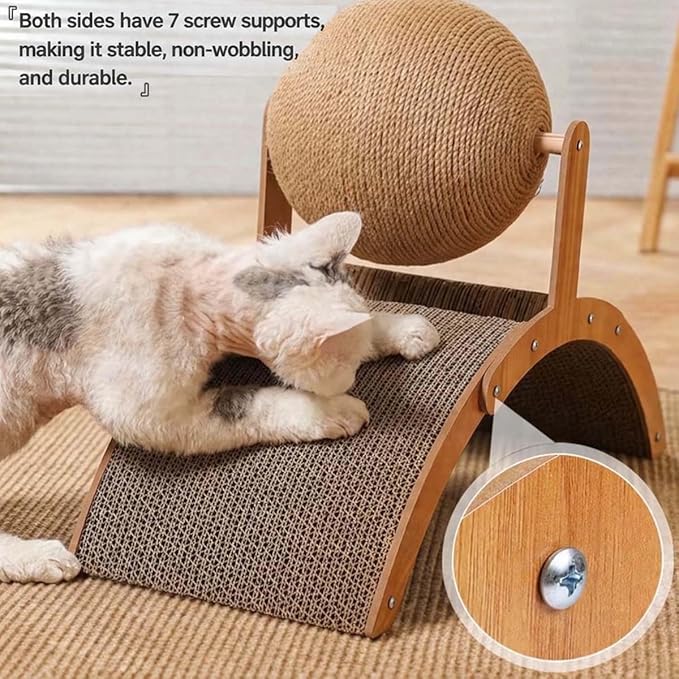 Cat Scratching Ball on Stand, Solid Wood Slanted Cat Scratching Board Design, 2-in-1 Interactive Cat Scratcher Toy with Arch Bridge and 360° Rotating Natural Sisal Ball for Indoor Cat Kittens (M)
