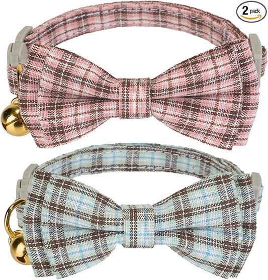 2 Pack Soft Cotton Cat Collars with Bowtie and Bell Breakaway Plaid Cat Kitten Collar(Pink and Jade Green)