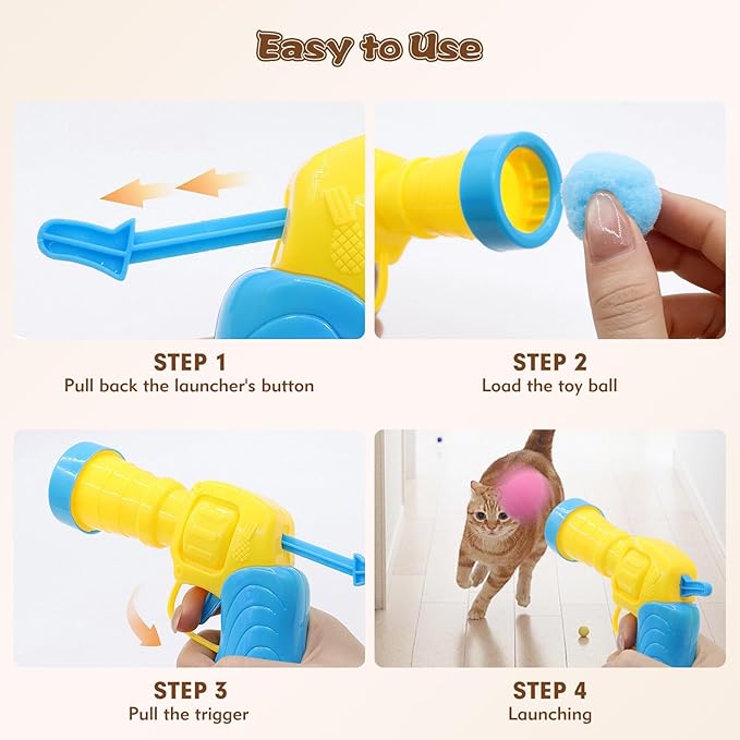Kerros Interactive Cat Ball Toy with 1 Plastic Launcher Gun and 30 Fuzzy Pom Pom Balls, Funny Interactive Cat Toys for Indoor Self Play Cat Kitten Toys for Swatting, Biting, Hunting, Exercise