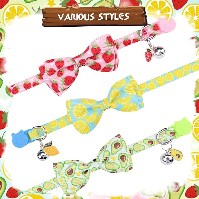 PUPTECK Cat Collar Breakaway with Bells, Kitten Collar Outfit Adjustable for Girl Boy Small Pet Puppy Bunny, Cute Costume Accessory with Safety Release Buckle (Bowtie-Fruit)