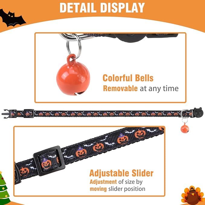 PUPTECK Cat Collar Breakaway with Bells, Kitten Collar Outfit Adjustable for Girl Boy Small Pet Puppy Bunny, Cute Costume Accessory with Safety Release Buckle (Holiday 6pcs)