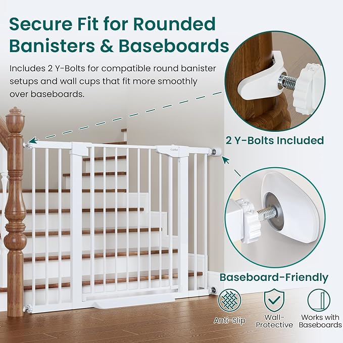Cumbor 30-46" Baby Gate for Stairs, Toddler Safety Essentials for The House, Auto Close Dog Gate for Doorways, Mom's Choice Awards Winner-Easy Install Pressure Mounted Pet Gates for Dogs, White