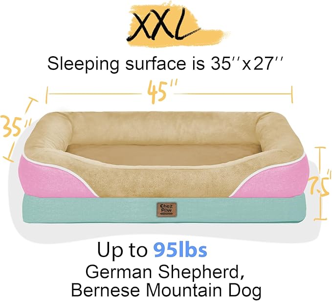 Chez Paw Orthopedic Extra Large Dog Bed - XXL Washable Giant Pet Couch Sofa with Removable Cover Waterproof Bolster for Large Size Dogs, 45x35
