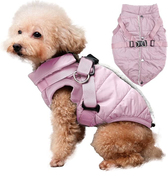 JoyDaog Dog Jacket with Harness,Fleece Lined Warm Puppy Coat for Winter,Soft Windproof Small Dog Vest,Light Pink XS