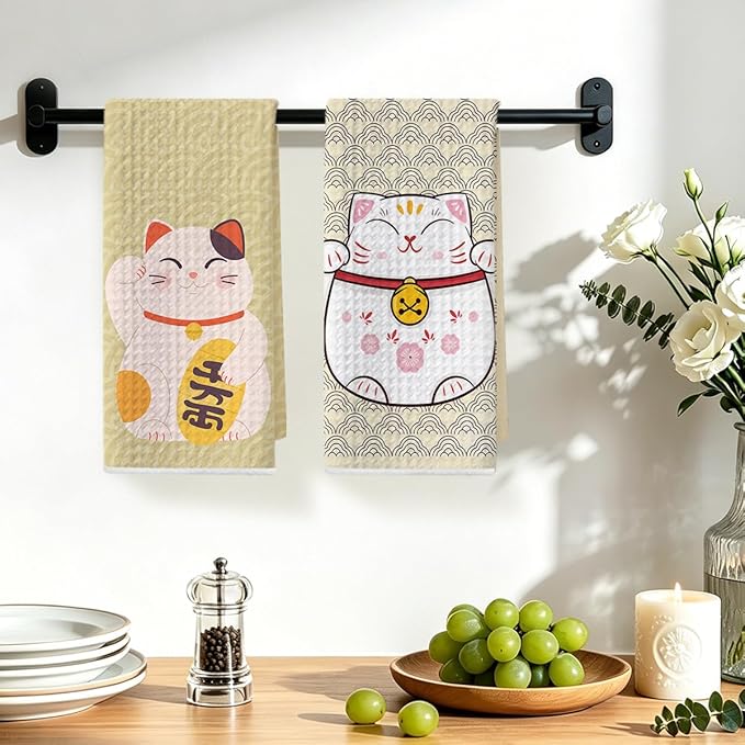 2 Pcs Japanese Lucky Cat Kitchen Towels 24x14 Inch, Maneki Neko Gifts Reusable Dish Towels for Kitchen Bathroom Decor, Waffle Weave Hand Cloth Tea Towel, Cute Cat Gifts for Women Mom Friend