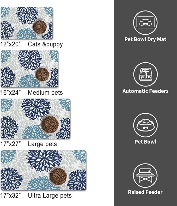 Dog Food Mats for Floors, Absorbent and Quick-Drying Pet Cat Food Mat,Anti-Fouling and Easy-to-Clean Pet Feeding Mat,Dog Bowl Mat for Messy Drinking Water Bowls.17x27, Bohemia Dahlia Floral Style