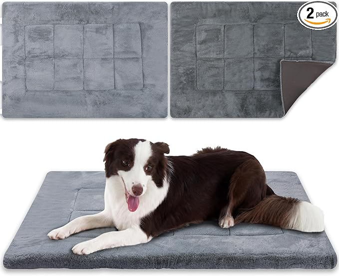 Dunzy 2 Pack Dog Bed Mat 35x23 Memory Foam Pet Crate Pad Orthopedic Dog Bed for Large Medium Breed Soft Comfy Faux Fur Linen Reversible Machine Washable Kennel Cozy Sleeping Mat Light Gray Dark Gray