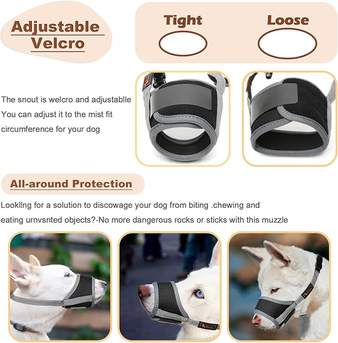 HEELE Dog Muzzle,Soft Nylon Muzzle Anti Biting Barking Chewing,Air Mesh Breathable Drinkable Adjustable Loop Pets Muzzle for Small Medium Large Dogs 4 Colors 4 Sizes (Gray, L)