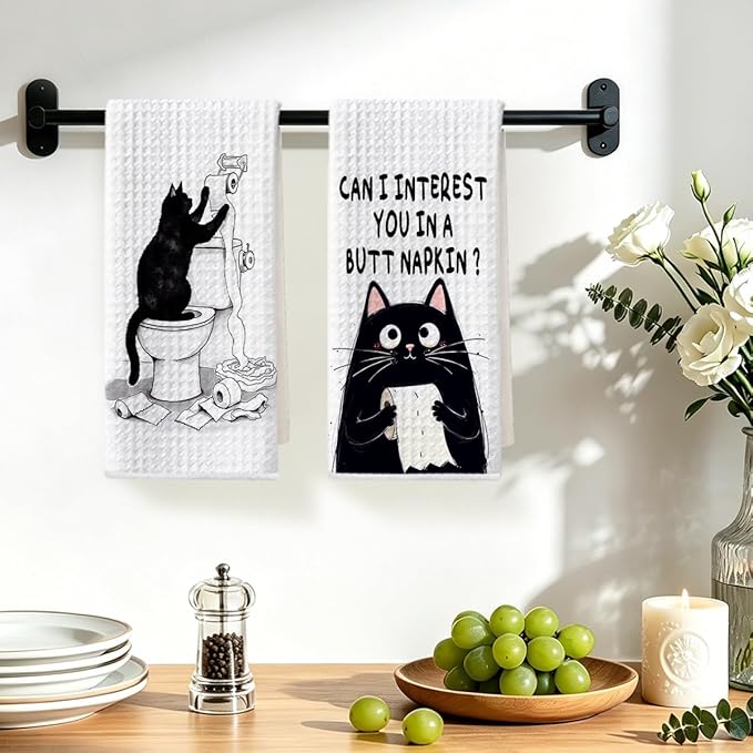 Hanamiya Na 2Pcs Funny cat Hand Towel for Bathroom 24x14 Inch, Funny Absorbent Microfiber Dish Cloth Bathroom Towel, Waffle Weave Hand Towels for Toilet Home, Cat Lover Gifts