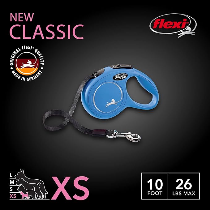 FLEXI Classic Tape Extra Small Retractable Dog Leash for Small Dogs Upto 26 lbs. – 10 ft., Blue | Tangle Free Pet Walking Leash with One-Handed Brake, Pause, Lock|German Quality Product