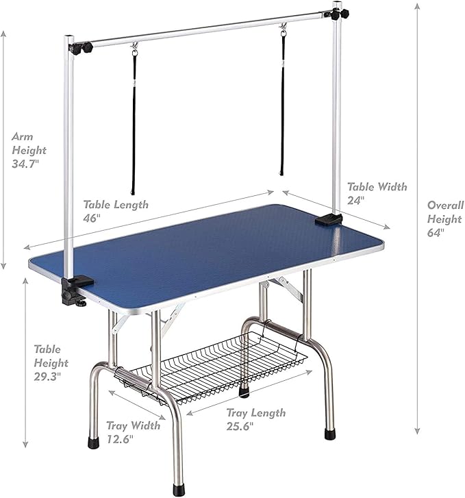 Pet Dog Grooming Table, Foldable Stainless Steel Pet Drying Grooming Table Up to 330lbs, Professional Bathing Desk for Dogs at Home with Adjustable Overhead Arms, Noose, Mesh Tray, 46''/Blue