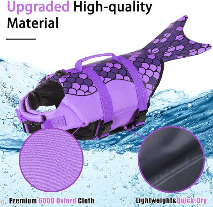 EMUST Dog Life Vest, Dog Life Jacket for Small, Medium, Large Dogs with Rescue Handle Flotation Vest Safety Lifesaver for Swimming Pool Beach Boating Water, PurpleMermaid, S