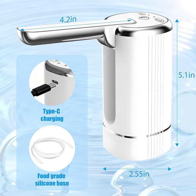 Water Dispenser Pump for 5 Gallon Water Bottles, USB Type-C Rechargeable with 1200mAh Battery, Foldable Spout, One-Touch Control (40s/80s), Powerful Suction for Home, Office, Camping - White