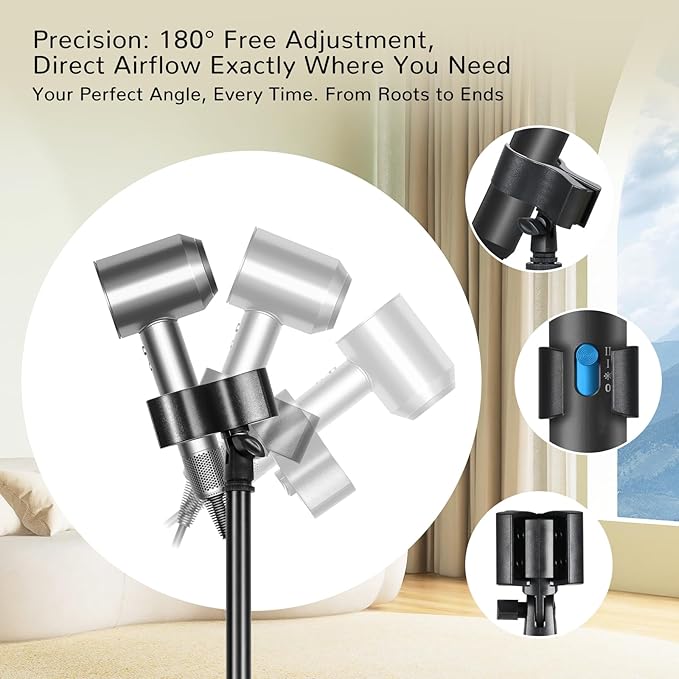 INNOLIFE Hands Free Hair Dryer Stand Holder with Adjustable Mount for Blow Dryer - Portable Standing Hair Dryer Stand for Bathroom Vanity, Home Use