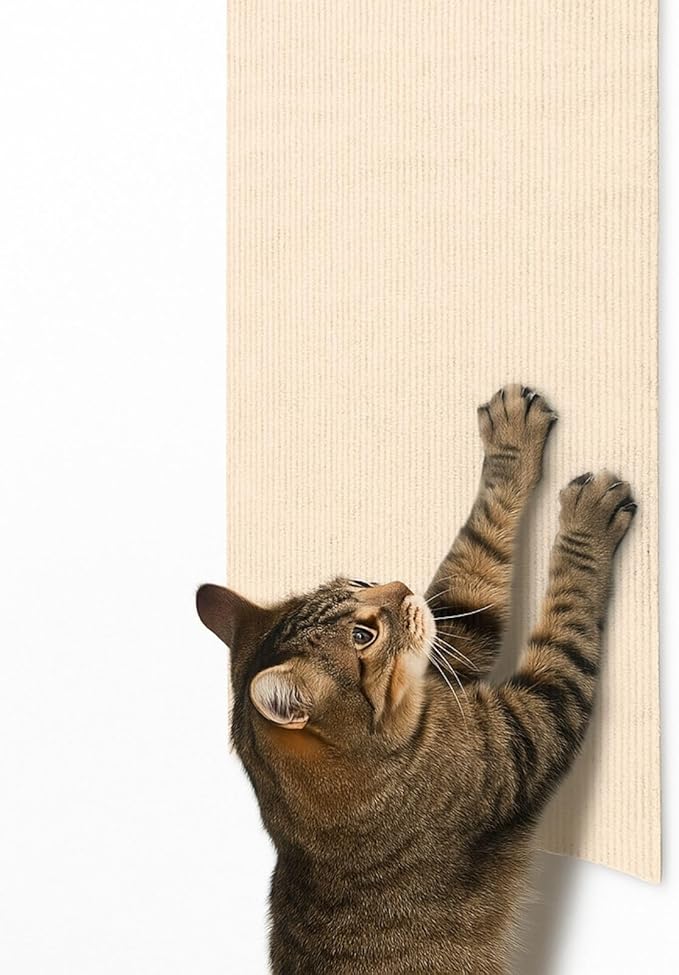 Corner & Wall Cat Scratch Mat, Self-Adhesive Trimmable Cat Scratcher, Wall Mounted Scratching Pad for Indoor Cats, Sofa Furniture Protector, Cat Post Cover Replacement (Beige, 23.6''x11.8'', 3-Pack)