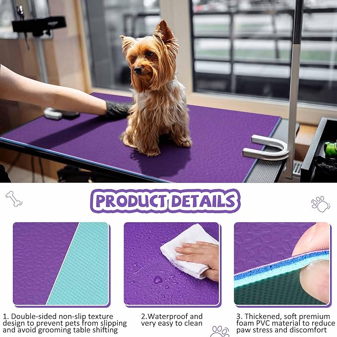 Nuanchu Extra Thick Grooming Table Mat Pad 36 x 24 x 0.24 Inches, Non-Slip PVC and Foam Pet Bathing Table Padded Mat for Grooming Pet Dogs Cat at Home(Purple)