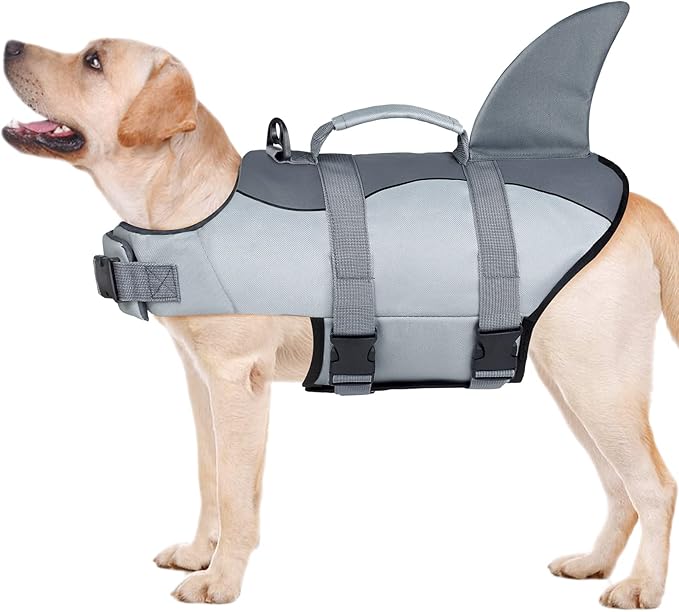 Malier Dog Life Jacket, Ripstop Dog Life Vest with High Buoyancy for Swimming Boating, High Visibility Shark Puupy Lifesaver for Small Medium Large Dogs (Medium)