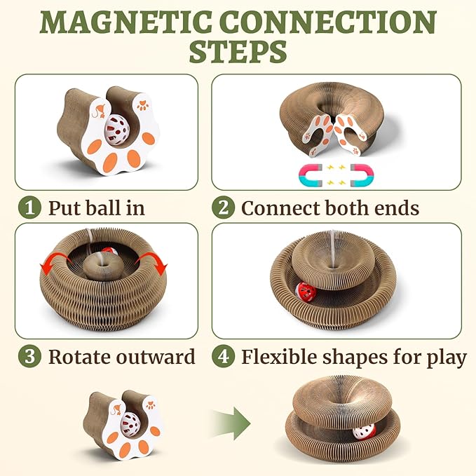 Kitty Curls Cat Scratcher Toy, Magic Organ Foldable Cat Scratching Board for Indoor Cats Reduce Boredom, Interactive Toys with Bells for Kitten Play Exercise Anxiety Relief (Brown, 1 Pack)