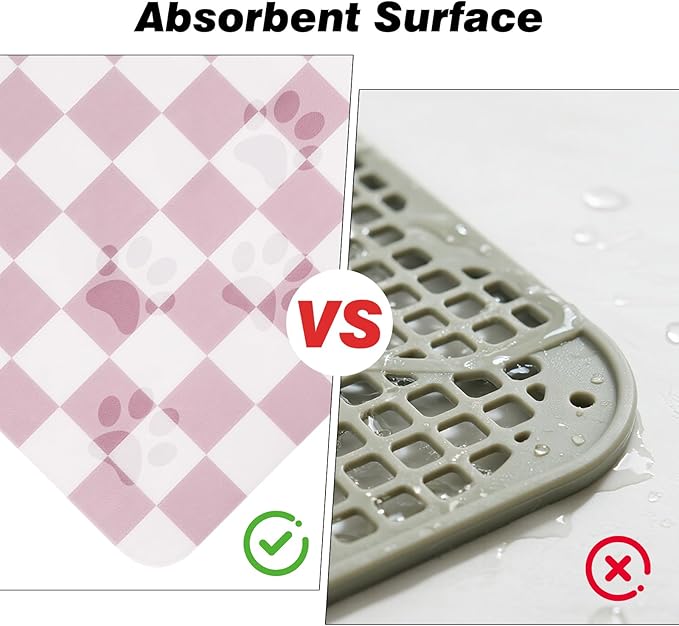 CooRug Checkered Dog Food Mat, Absorbent Leak-Proof Pet Feeding Mat, Quick Dry Cat Food Mat for Messy Drinkers 16" x 24" Pink