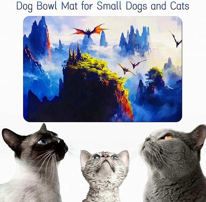 Dog Food Mat, 15.7" x 23.6" Absorbent Pet Feeding Mat for Food and Water, Waterproof Diatom Mud Pet Placemat with Non-Slip Rubber Backing, Cat Bowl Mat for Floors - Forest Mountain Bird