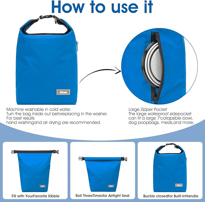 Pet Food Storage Bag Travel Dog Food Container 2PCS Collapsible Dog Travel Bowls and Zipper Side (Blue, Small)