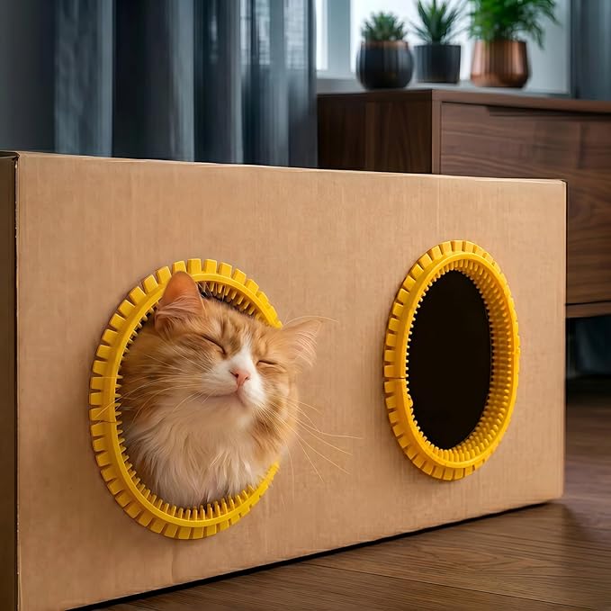 Cat Self Groomer Arch for Cardboard Boxes, DIY Cat Tunnel Brush & Massage Comb for Indoor Cats, Interactive Self Grooming Toy for Cat Cave, Hideouts & Enrichment Play (Sunny Yellow)