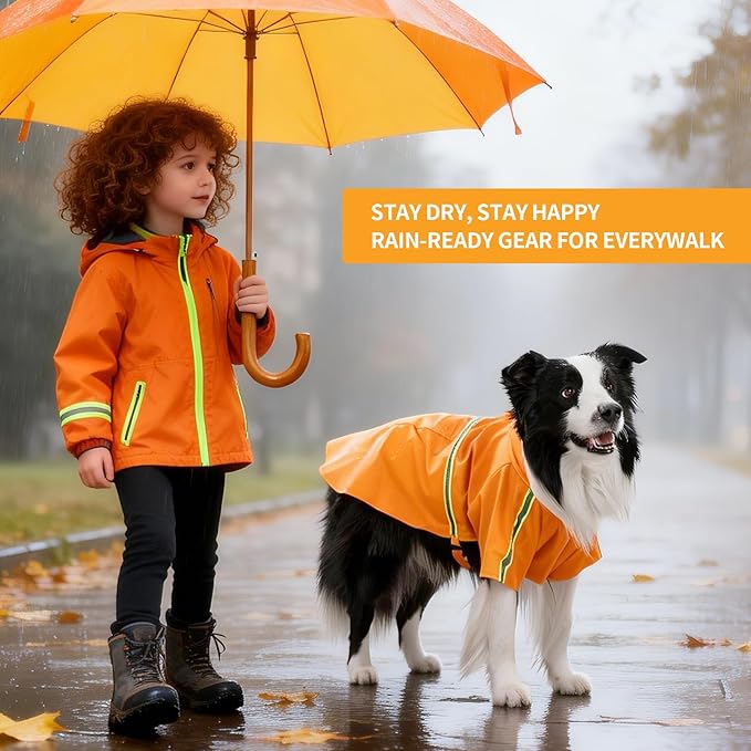 Dog Raincoat, Waterproof Windproof Dog Rain Jacket Adjustable, Rain Coat with Leash Hole, Reflective Strap Raincoat Poncho for Small Medium Large Dogs Outdoor (Reflection-Orange, M)