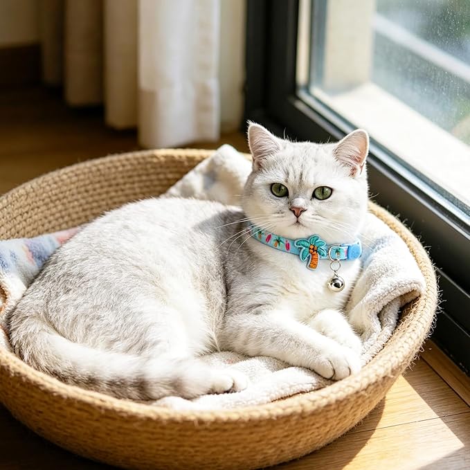 PUPTECK Cat Collar Breakaway with Bells, Kitten Collar Outfit Adjustable for Girl Boy Small Pet Puppy Bunny, Cute Costume Accessory with Safety Release Buckle (Sticker-Summer)