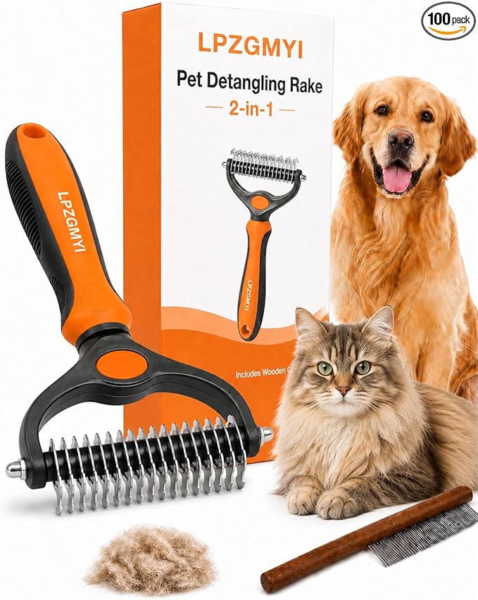 Undercoat Rake for Dogs, Pet Grooming Tool Pro Deshedding Brush Double Sided Cat Brushes Long Hair Dematting Comb Professional Extra-Wide Stainless Steel Teeth Supplies for Matted Fur on Cats (Ornage)