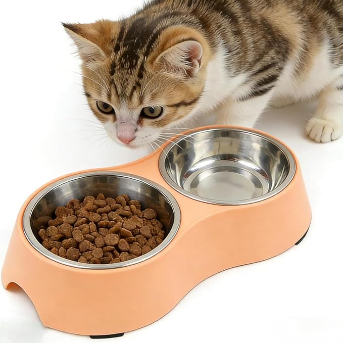 Large Orange Double Pet Bowl – Non-Slip Stainless Steel Food & Water Set for Medium/Large Dogs & Multiple Cats, BPA-Free Mess-Free Feeding Dishes