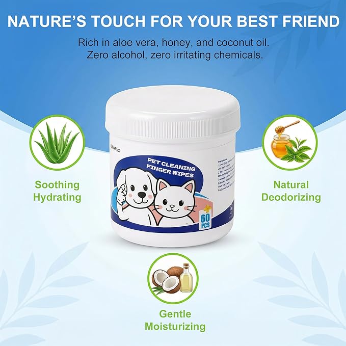 Vet-Recommended Pet Finger Wipes, Coconut Scent 60CT, Triple Clean Dental, Tear Stain & Ear, Freshen Breath & Remove Plaque Tartar, Replace Toothbrush Paste, Friendly to Timid Shy Pets